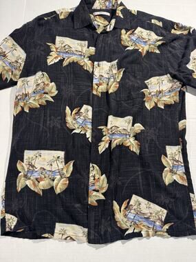 Campia Moda Men's M Regular Black Tropical Graphic Print Rayon Woven Button-Up